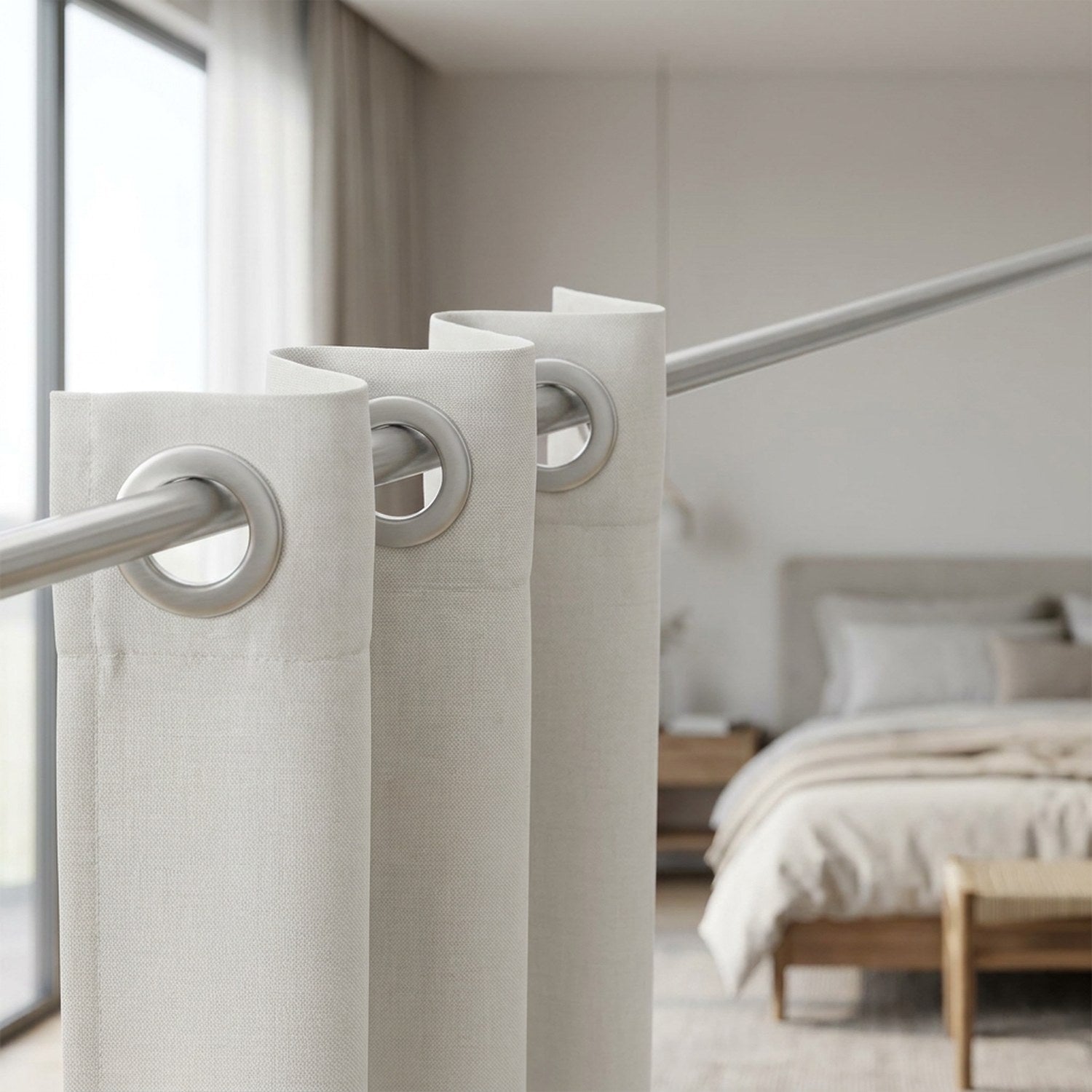 Œillets de rideau argentés formant des plis réguliers dans une chambre moderne