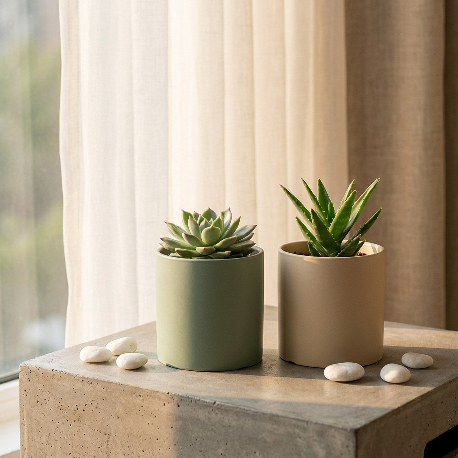 Pots de fleurs en céramique vert mousse et beige sur béton près d'une fenêtre