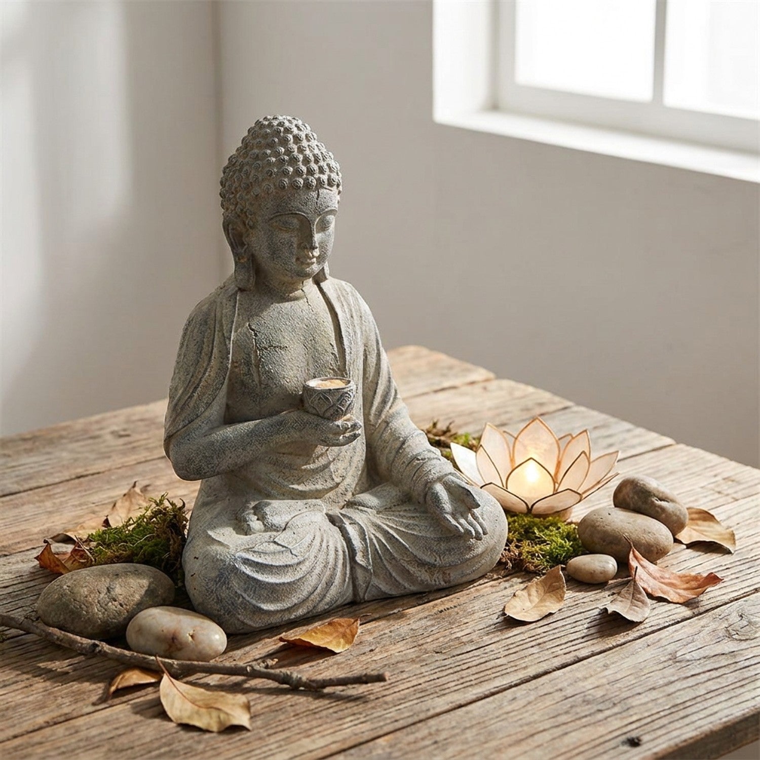 Statue Bouddha résine présentée comme cadeau sur une table en bois