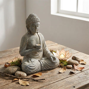 Statue Bouddha résine présentée comme cadeau sur une table en bois