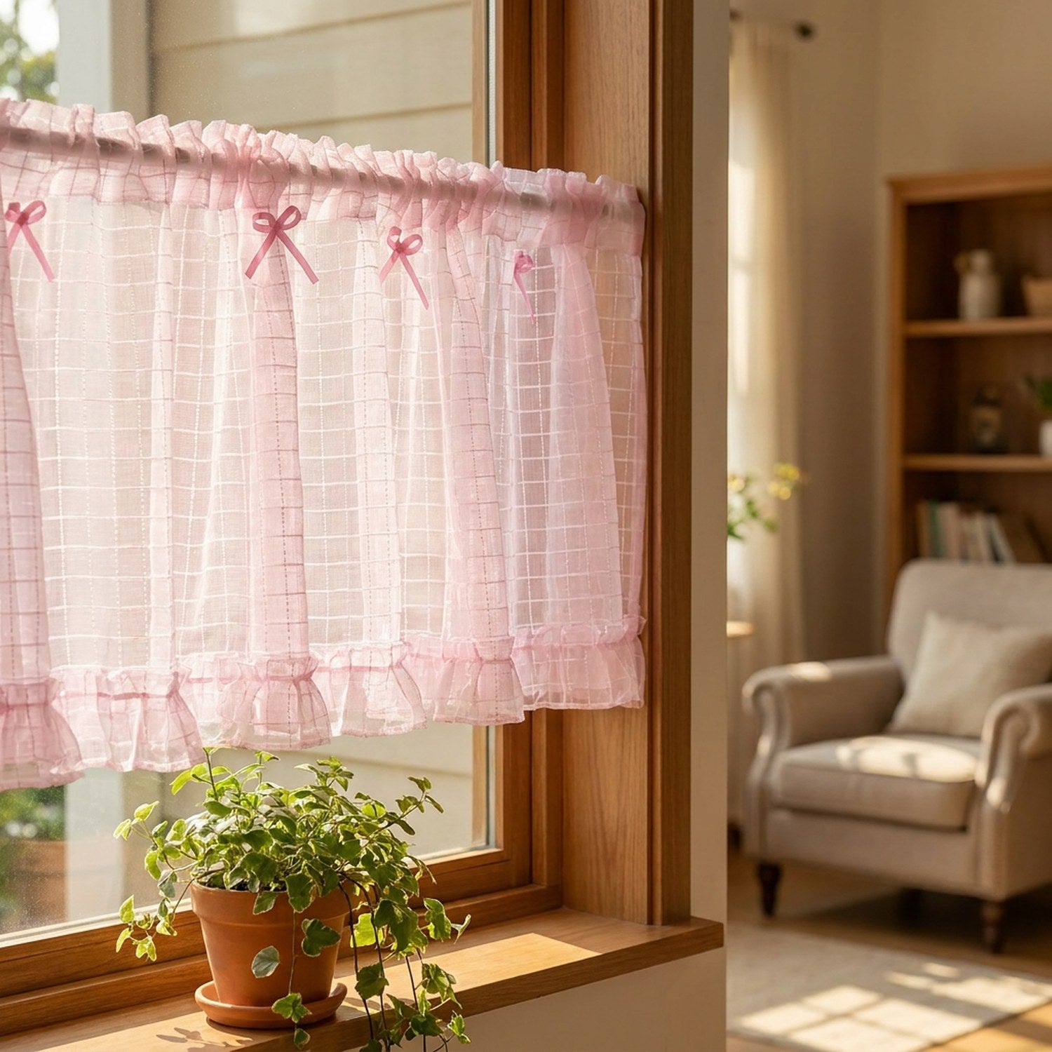 Rideau court en tulle rose à carreaux posé sur une fenêtre en bois d'un salon champêtre
