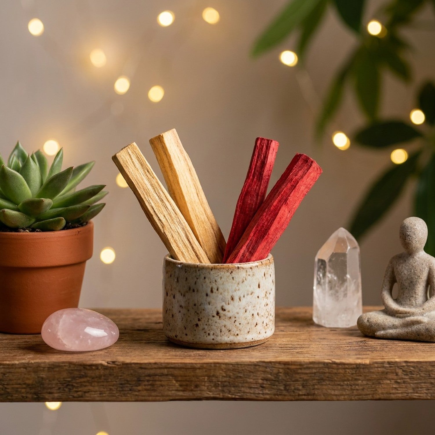 Bâtons d'encens Palo Santo et Sang du Dragon dans pot céramique sur étagère avec plante et cristal