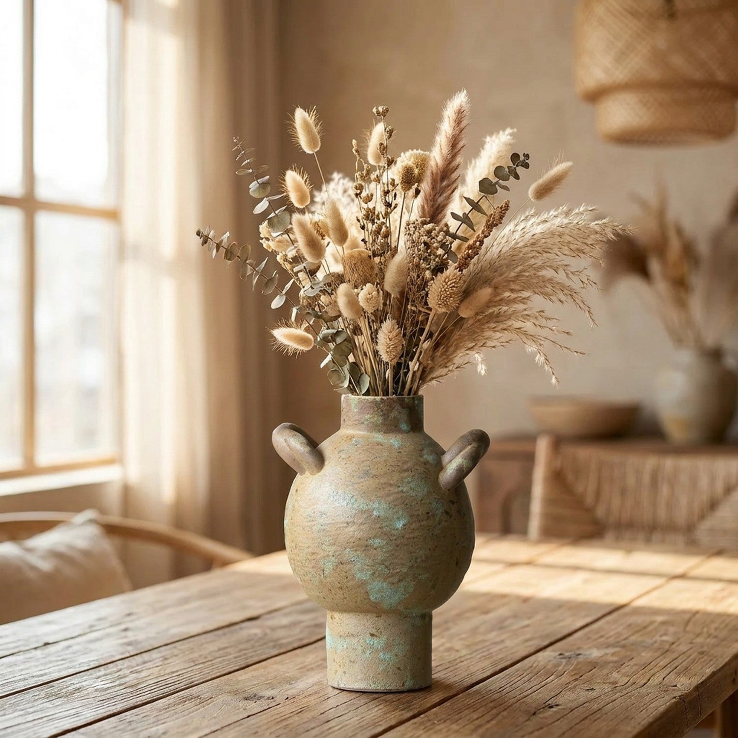 Vase rustique boule en céramique en centre de table avec bouquet de fleurs séchées