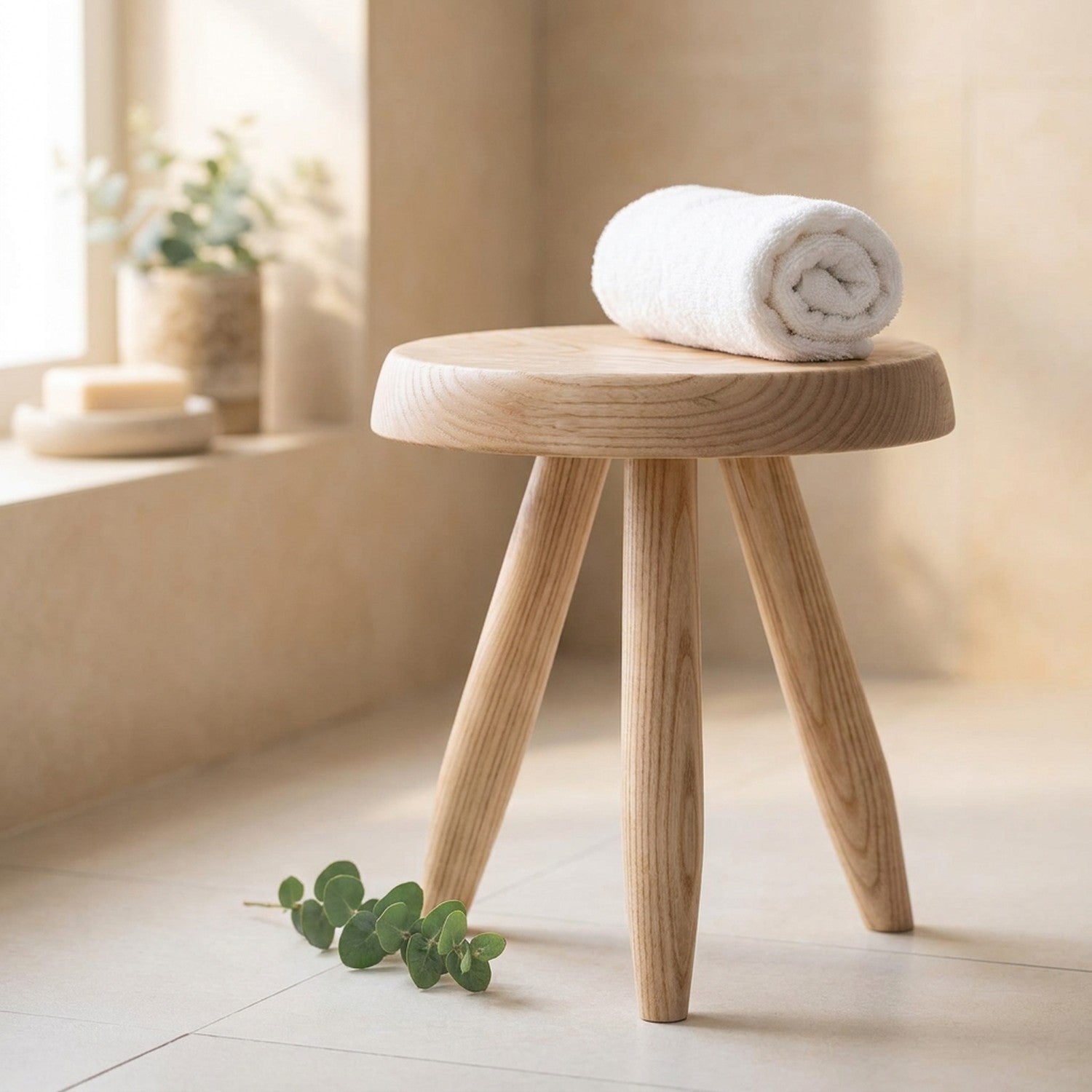 Tabouret rond en bois clair avec une serviette roulée dans une salle de bain lumineuse