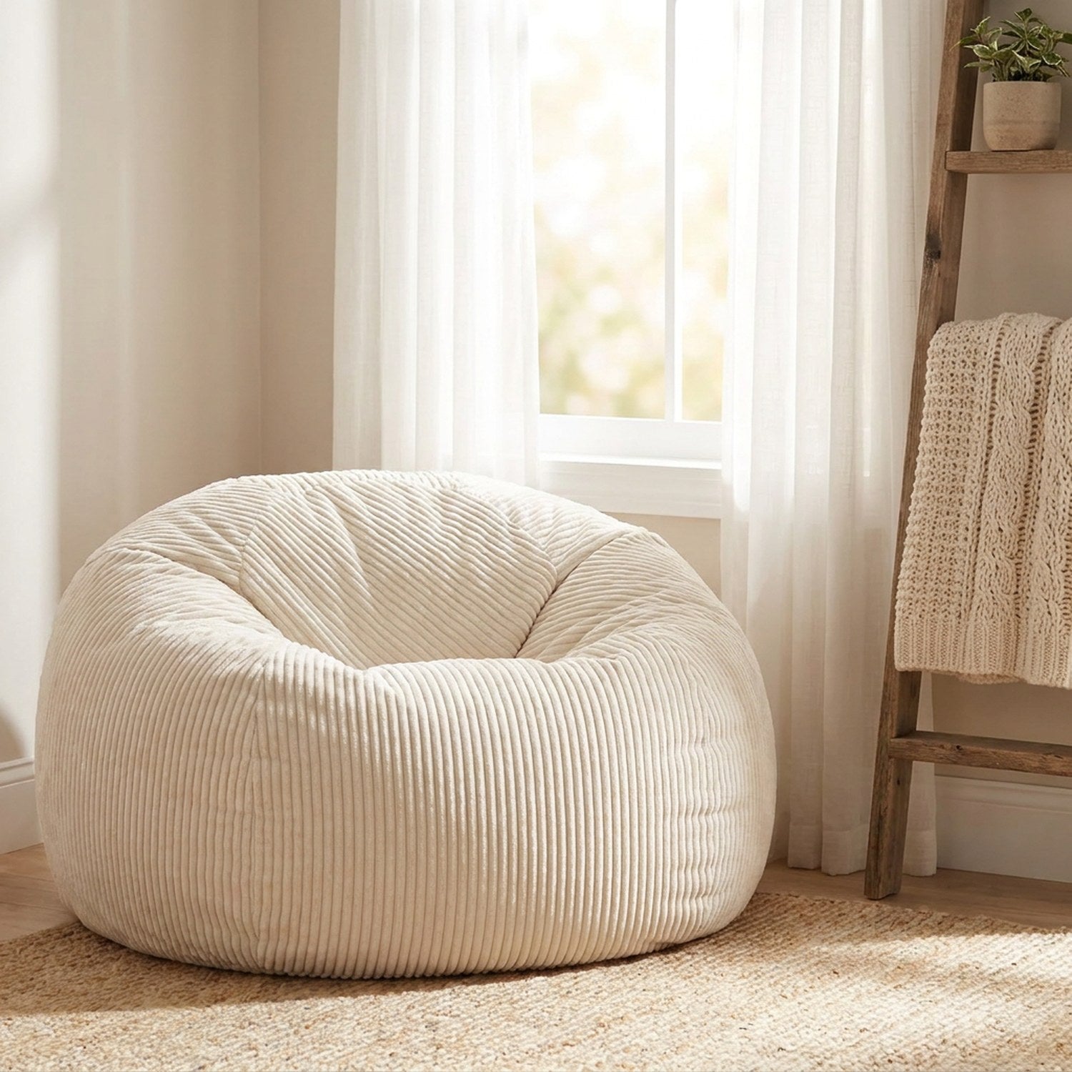 Pouf blanc en velours côtelé près d'une fenêtre lumineuse