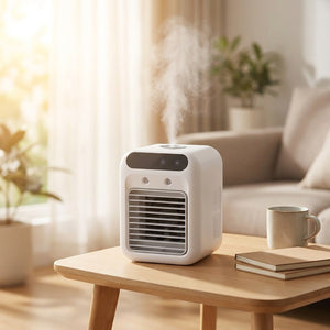 Ventilateur climatiseur blanc sur une table d'appoint dans un salon ensoleillé