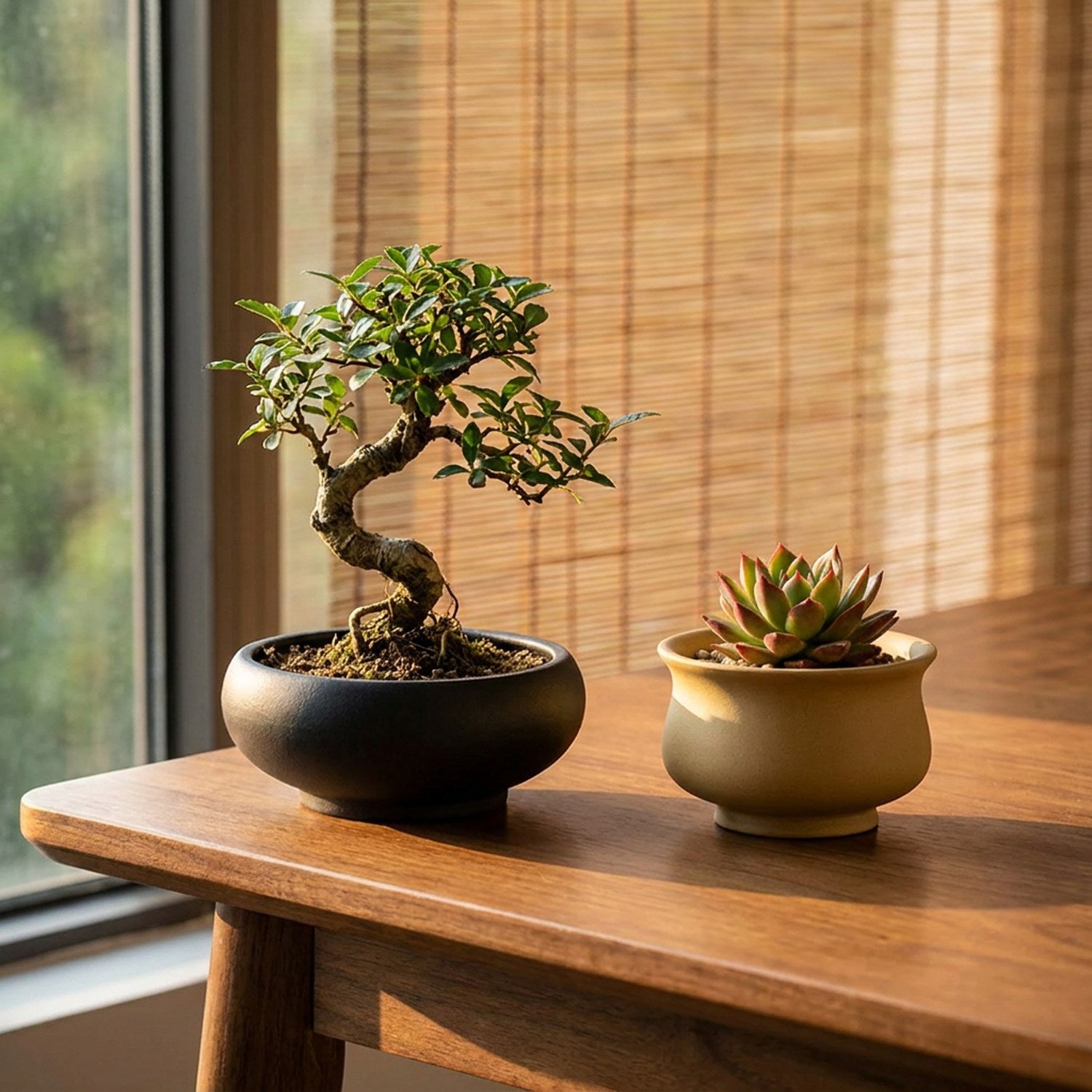 Pot bonsaï coupe et urne en grès rouge sur bureau bambou