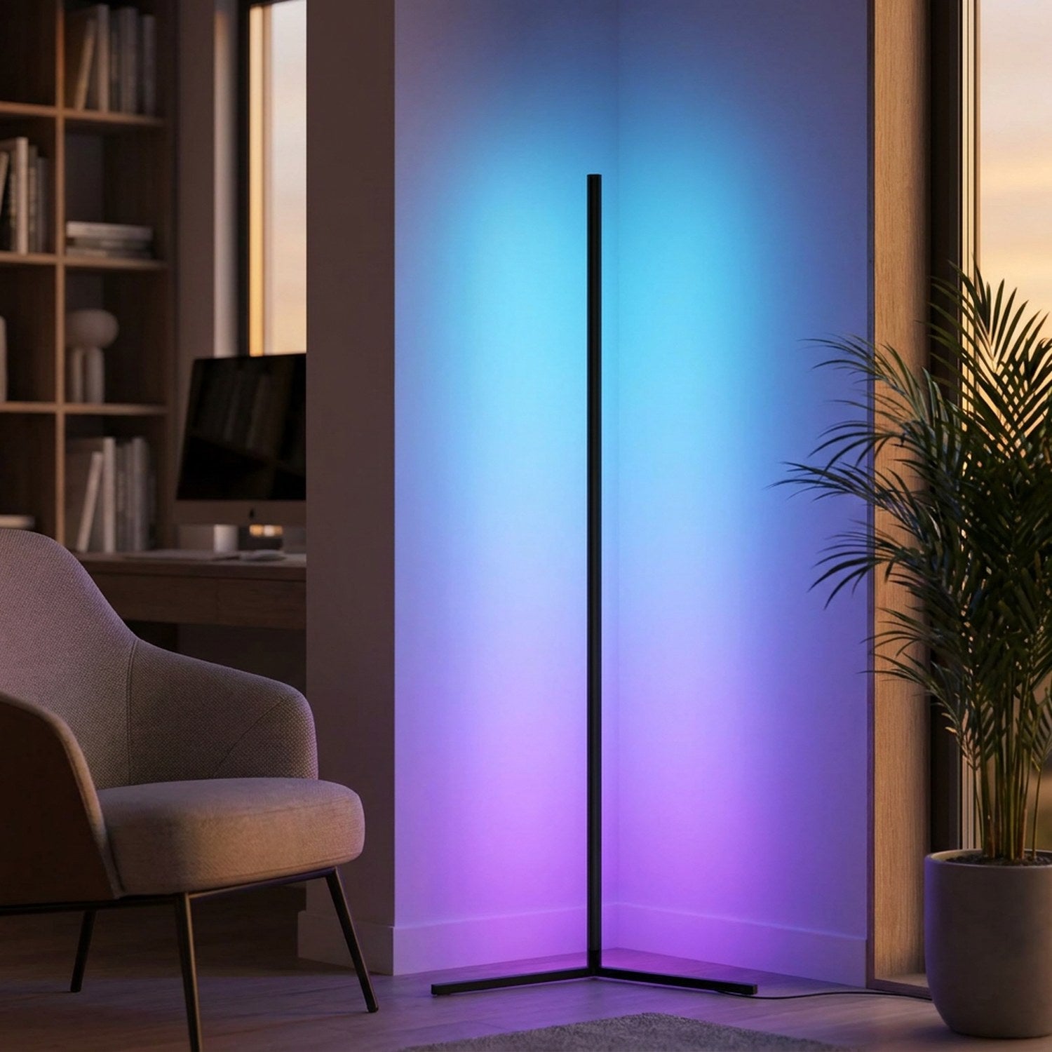 Lampadaire d'angle LED dans un coin bureau avec un dégradé bleu et violet