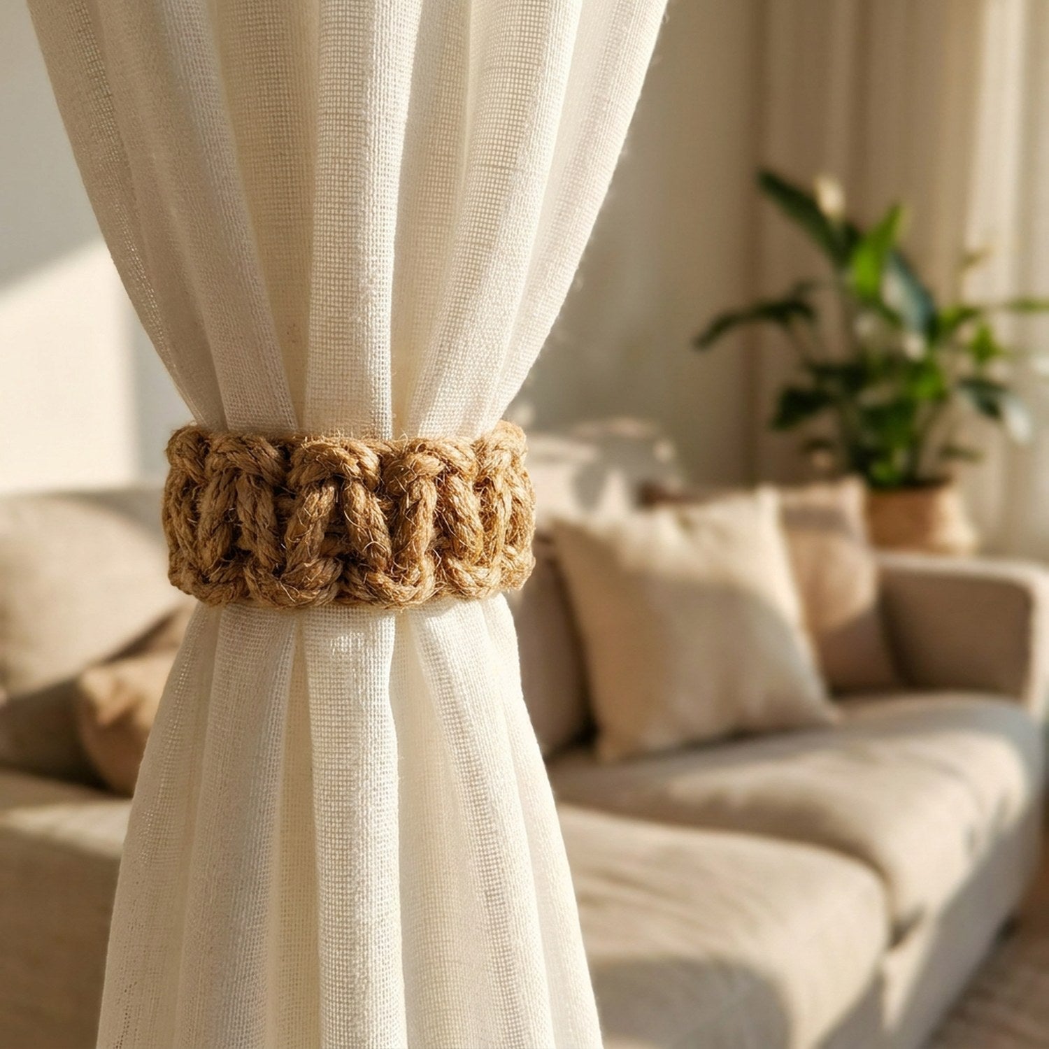 Embrasse en jute naturelle retenant un rideau dans un salon lumineux