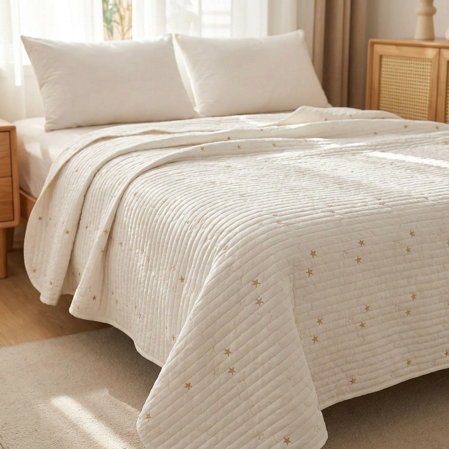 Couvre-lit blanc matelassé drapé sur un lit dans une chambre douce