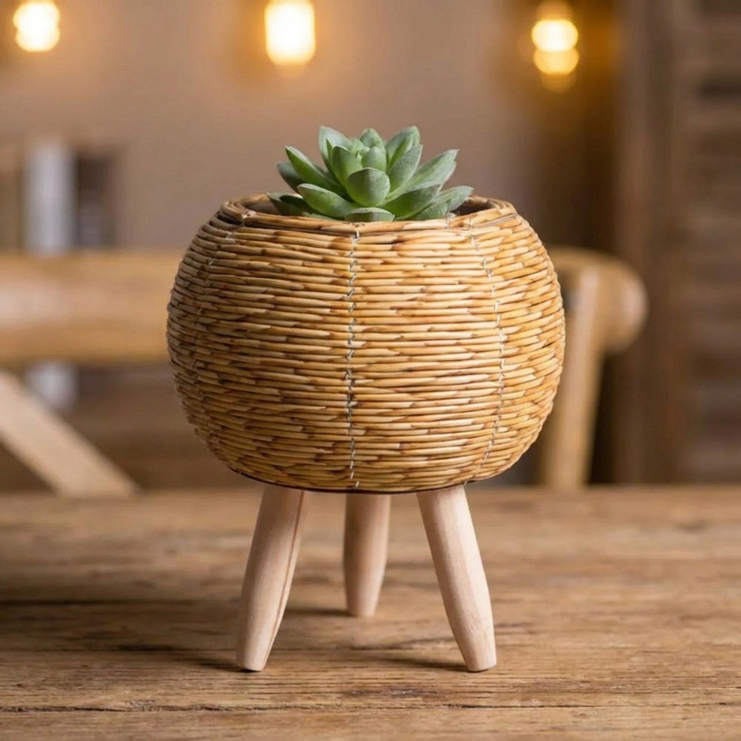 Gros plan sur le tressage en rotin et les pieds en bois clair d un cache-pot