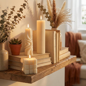 Bougies nervurées cire de soja sur étagère bois décoration intérieure