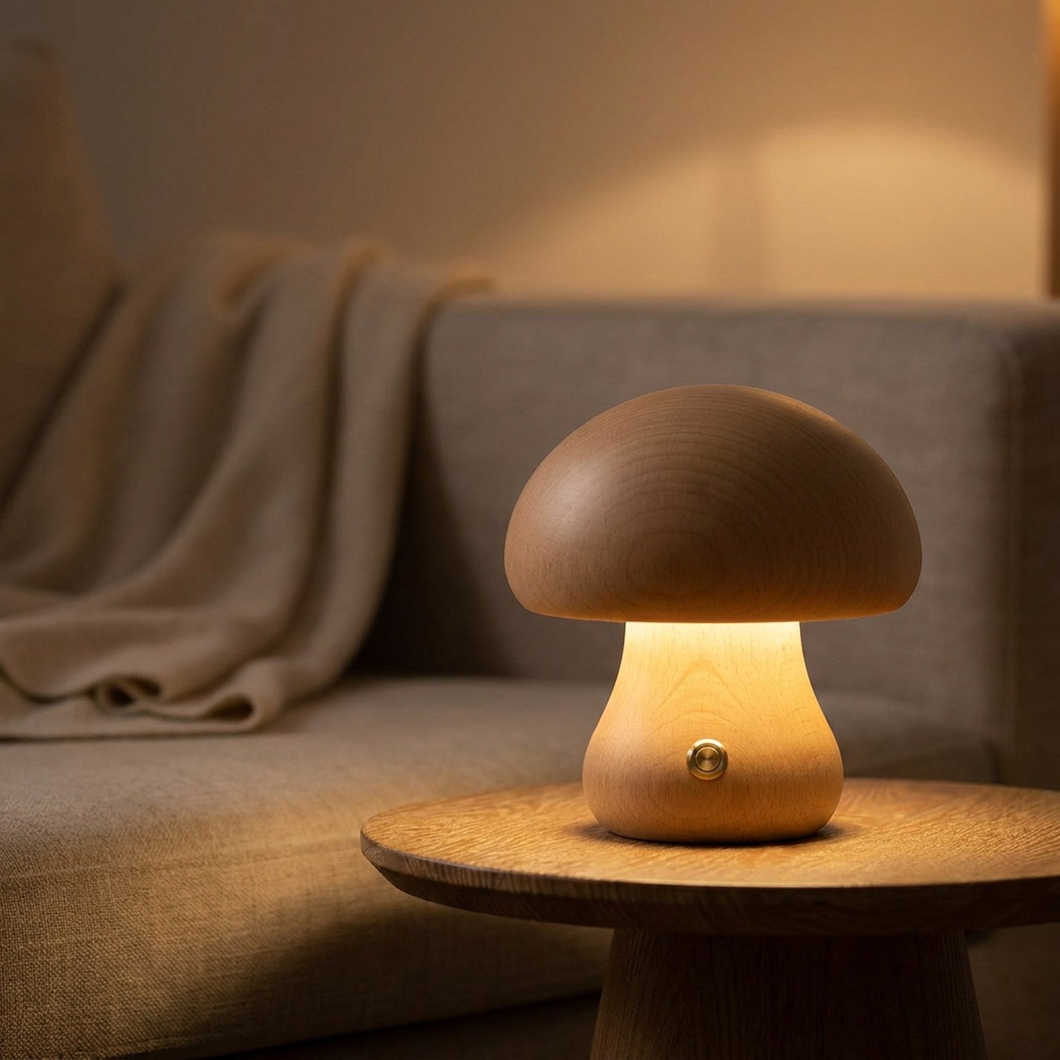 Veilleuse champignon en bois allumée sur une table d'appoint dans un salon cosy