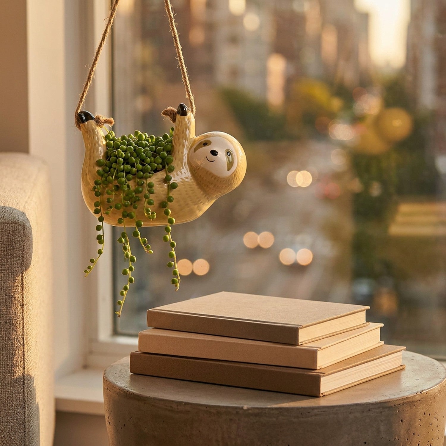 Cache-pot céramique animaux golden hour table béton livres décoration