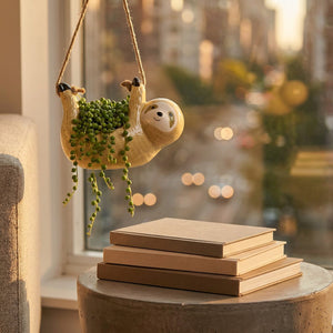 Cache-pot céramique animaux golden hour table béton livres décoration