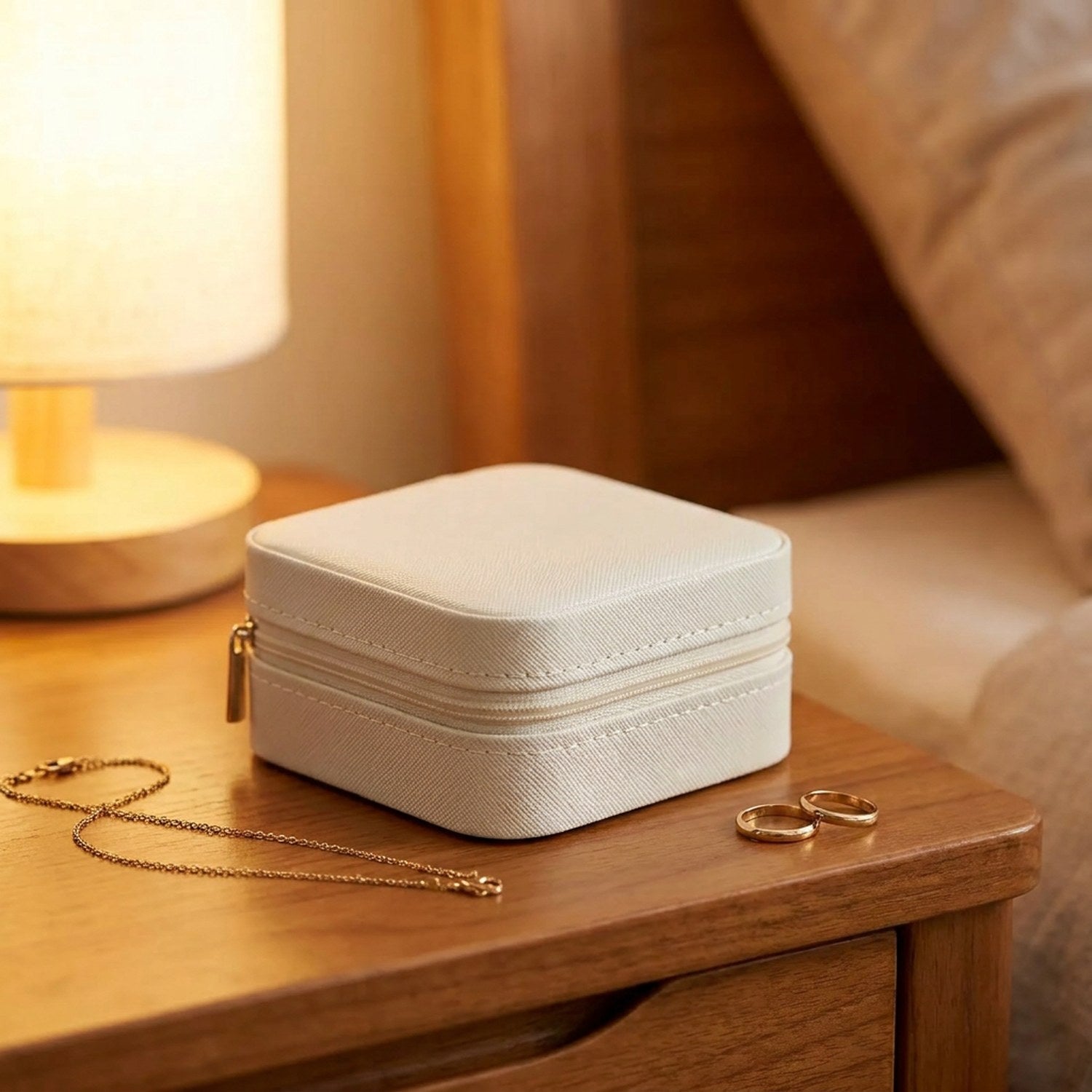 Boîte à bijoux blanche fermée sur une table de chevet près d'une lampe