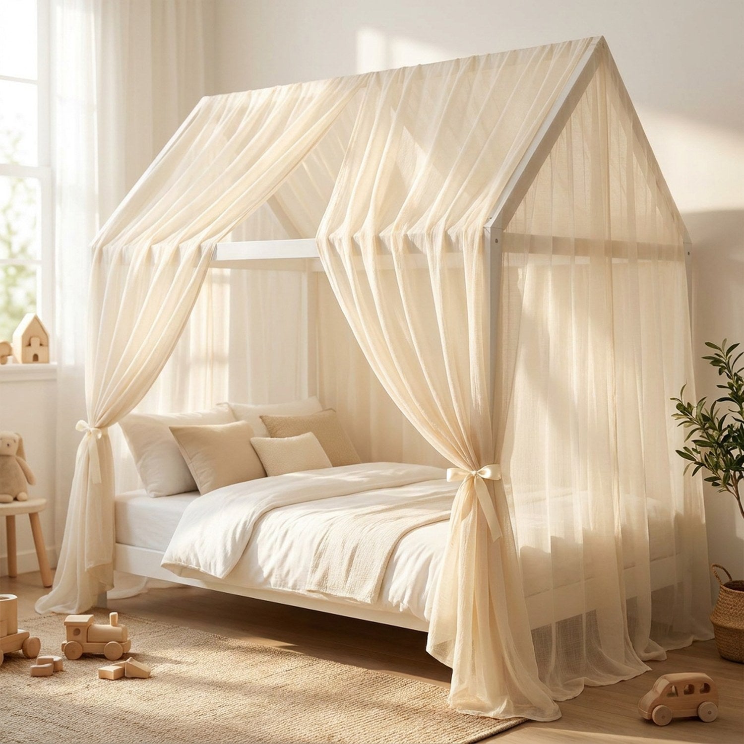 Ciel de lit enfant en mousseline crème noué sur le côté d un lit cabane