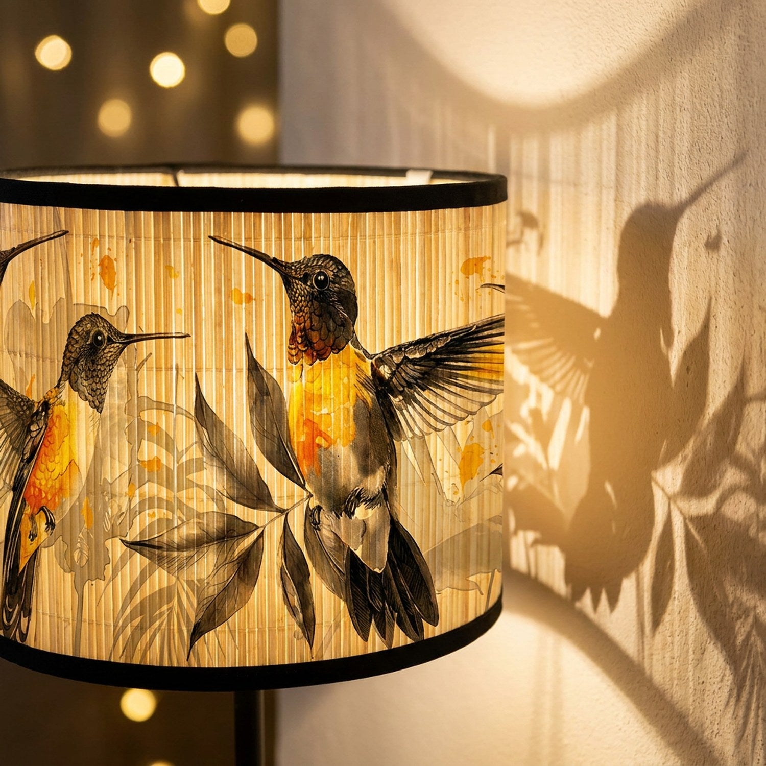Détail motif floral et oiseaux abat-jour bambou lumière chaude