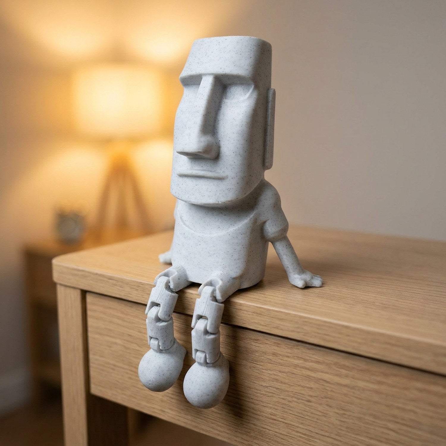 Gros plan sur les jambes articulées de la statue Moai au bord d'une console en bois