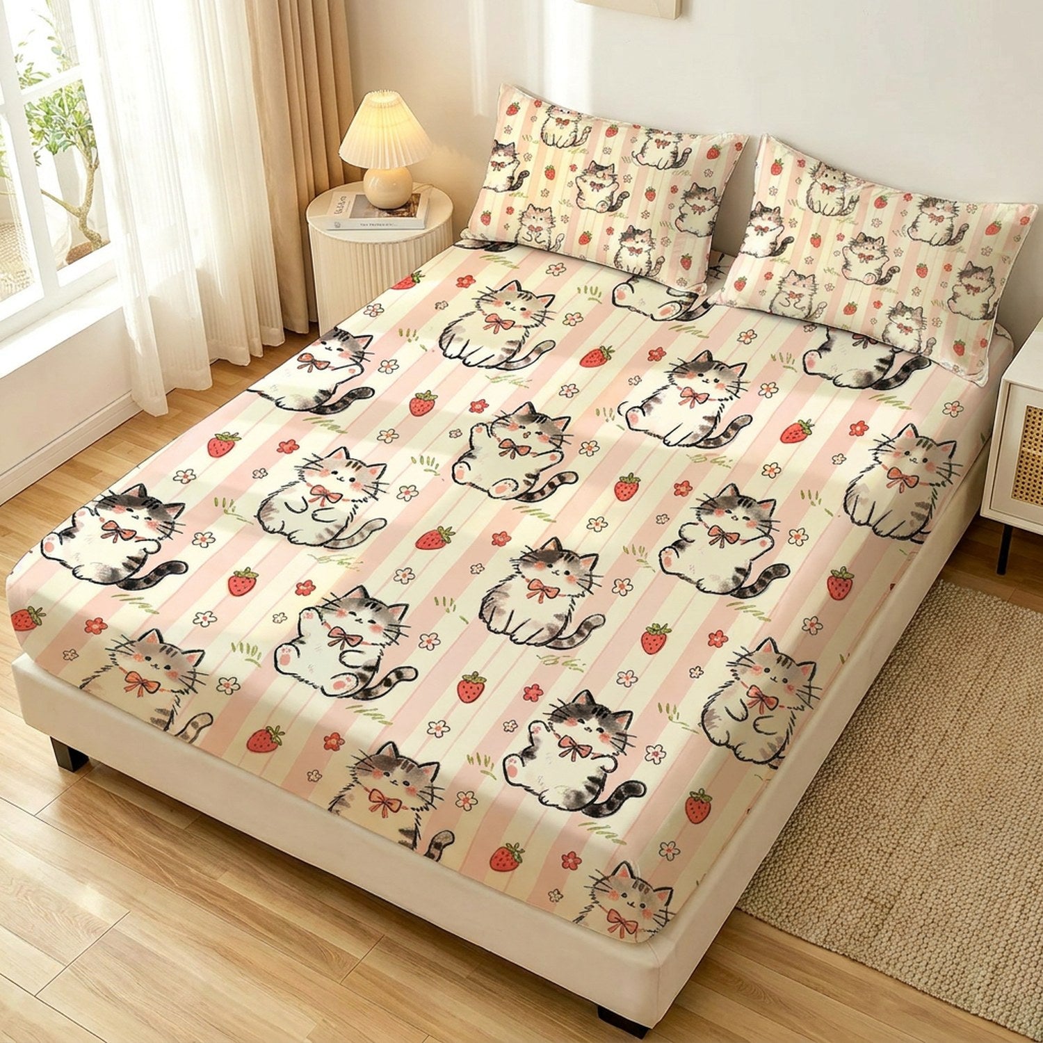 Parure de lit enfant à chatons et fraises sur un lit avec lumière du matin