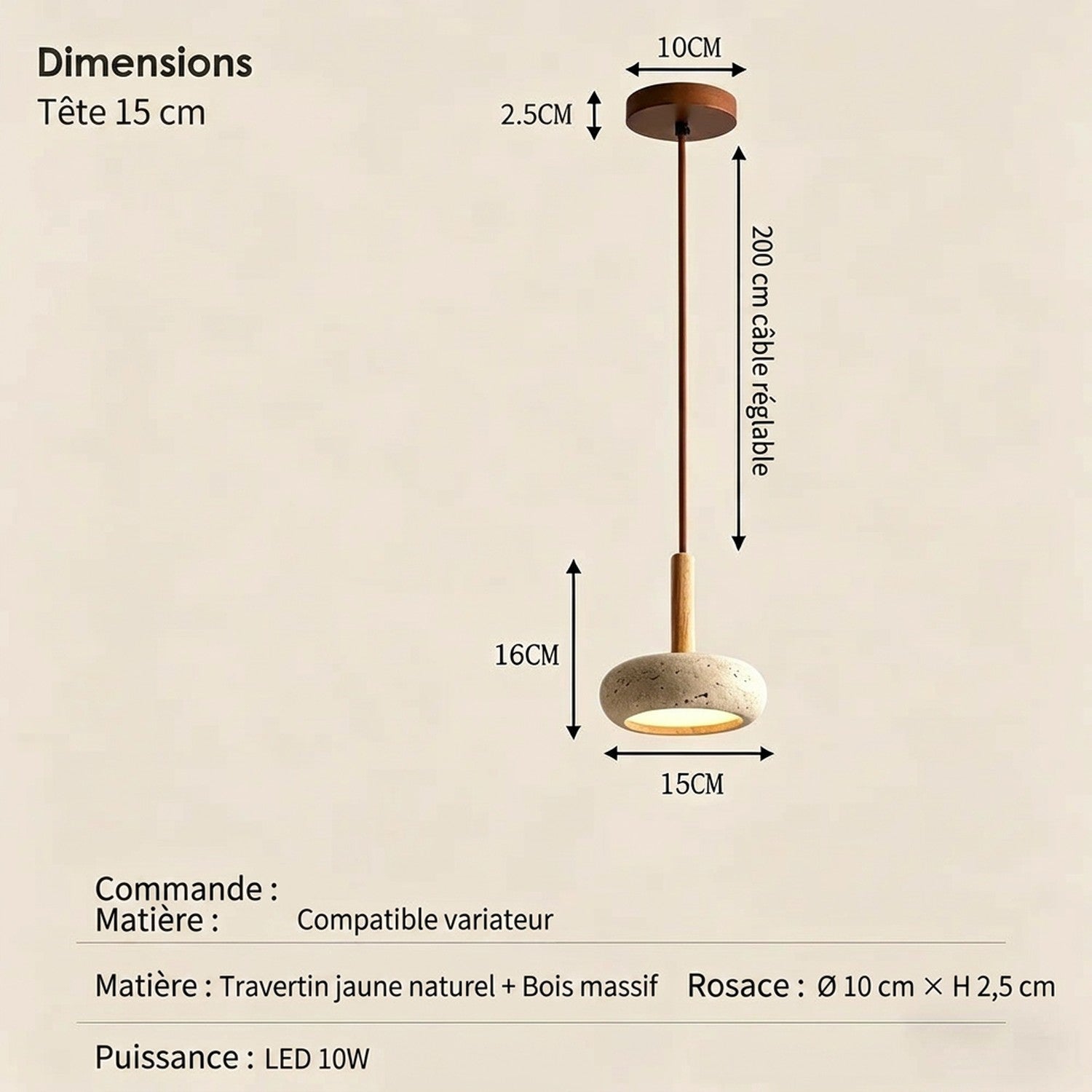 Dimensions suspension travertin : Ø 15 cm, câble réglable 200 cm, rosace Ø 10 cm
