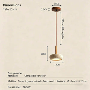 Dimensions suspension travertin : Ø 15 cm, câble réglable 200 cm, rosace Ø 10 cm