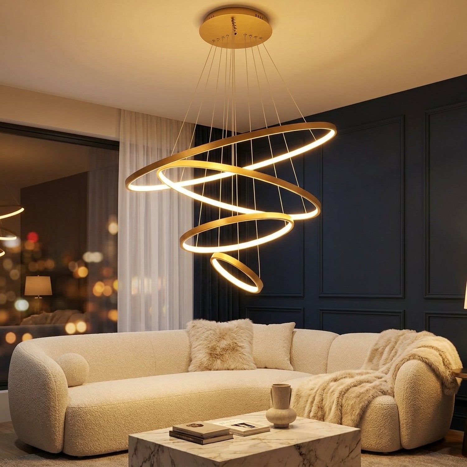 Lustre anneau LED allumé dans un salon moderne