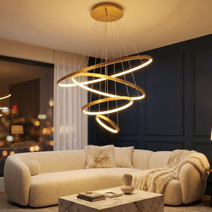 Lustre anneau LED allumé dans un salon moderne