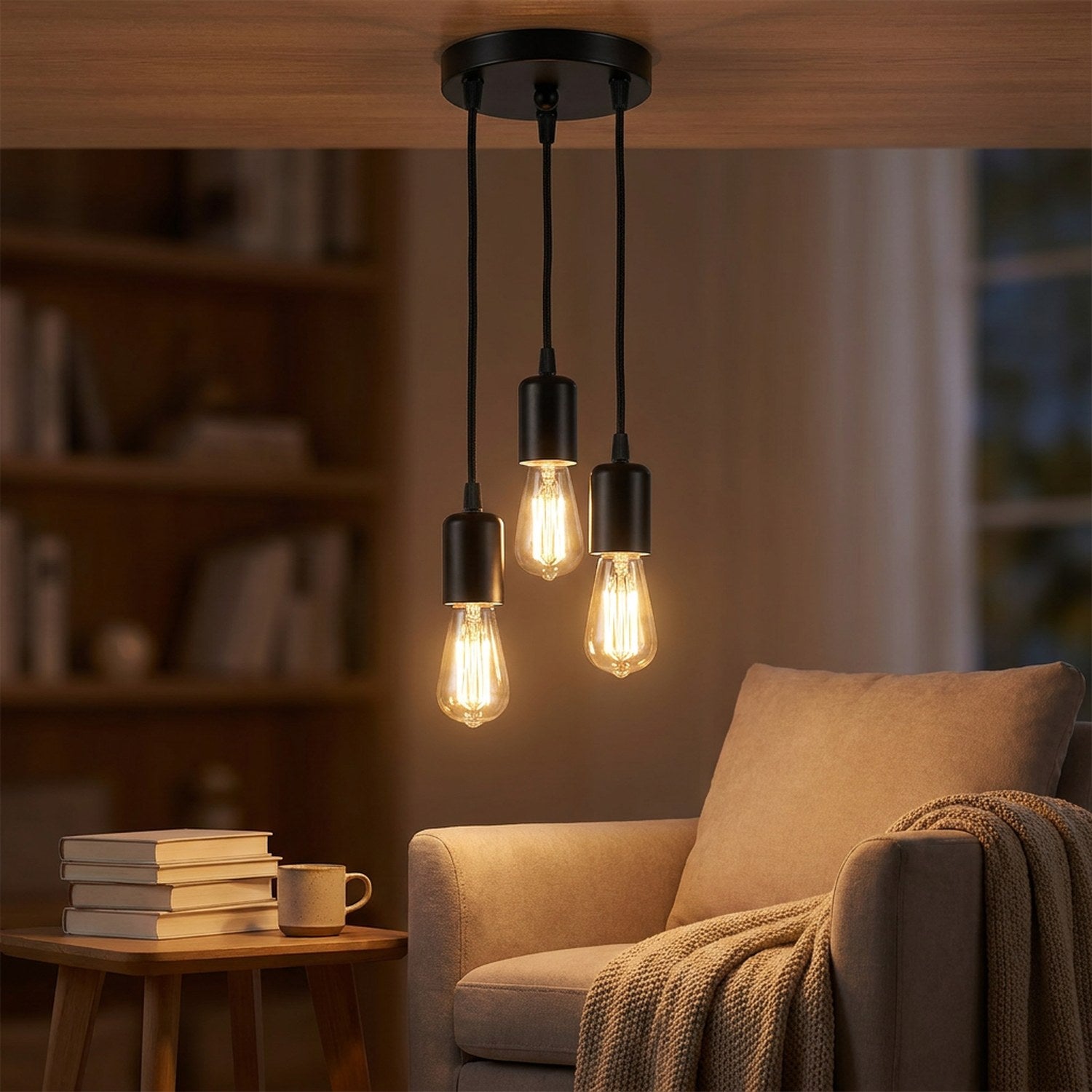 Lustre araignée vintage suspendu dans un coin lecture cosy avec fauteuil et plaid