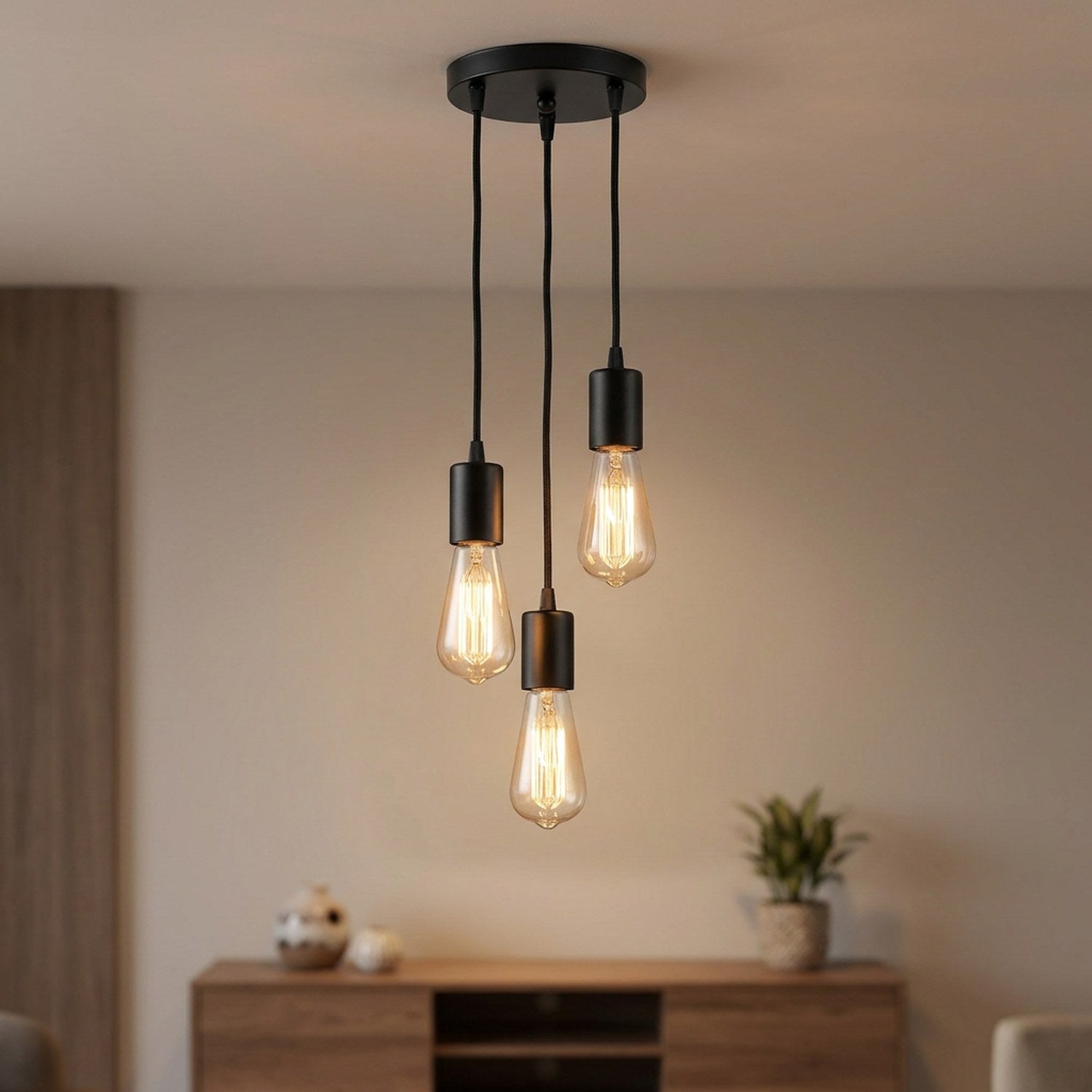 Lustre araignée vintage noir à trois douilles E27 suspendu au plafond avec ampoules à filament allumées