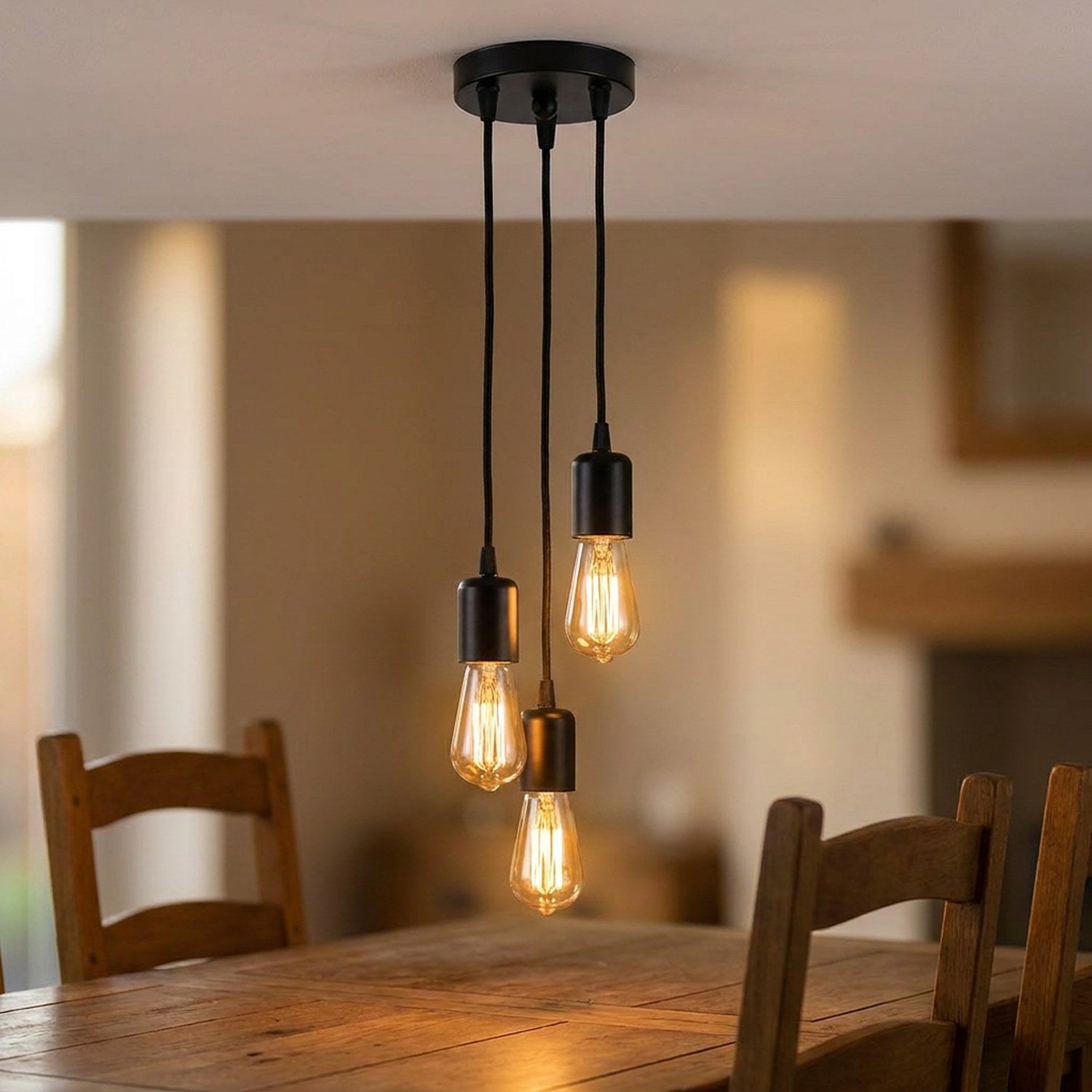 Lustre araignée vintage suspendu au dessus d'une table à manger en bois avec ampoules allumées