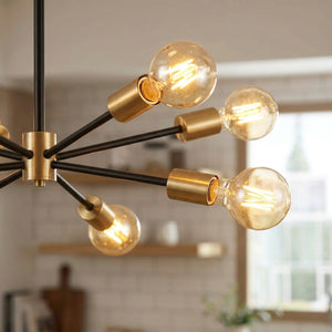 Détail bras métal noir lustre araignée Sputnik avec ampoules filament allumées