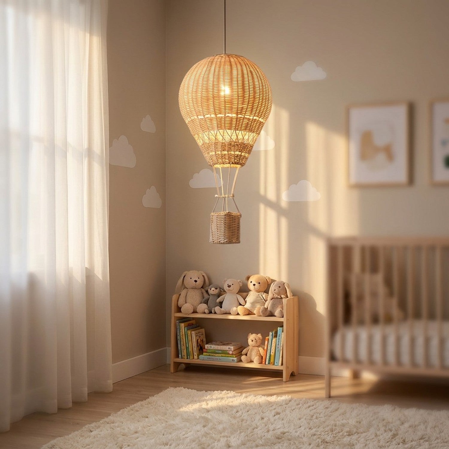 Lustre rotin ballon à air chaud allumé dans un coin chambre enfant avec étagère jouets et berceau