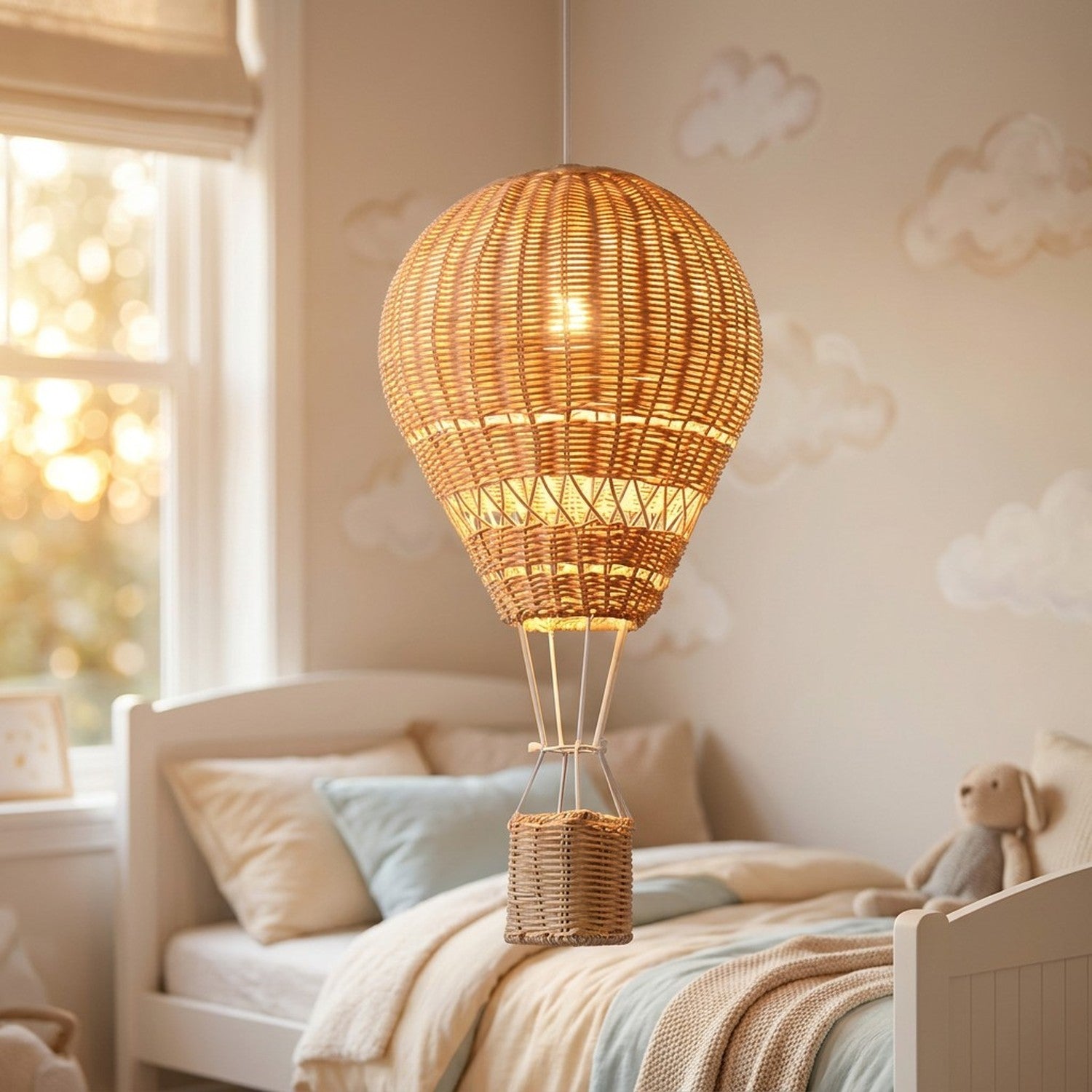 Lustre ballon à air chaud en rotin allumé suspendu dans une chambre d'enfant avec lumière chaude