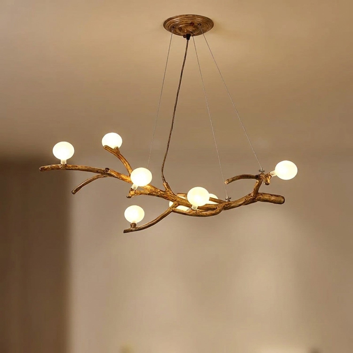 Lustre branches d'arbre avec 8 boules en verre givre lumineuses