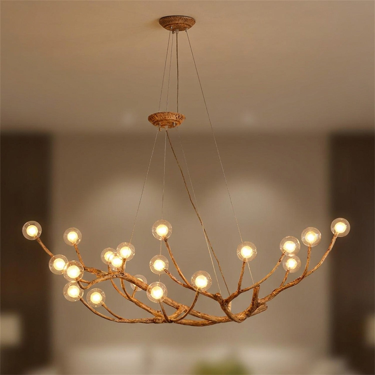 Lustre branches d'arbre avec 16 boules en verre transparent lumineuses