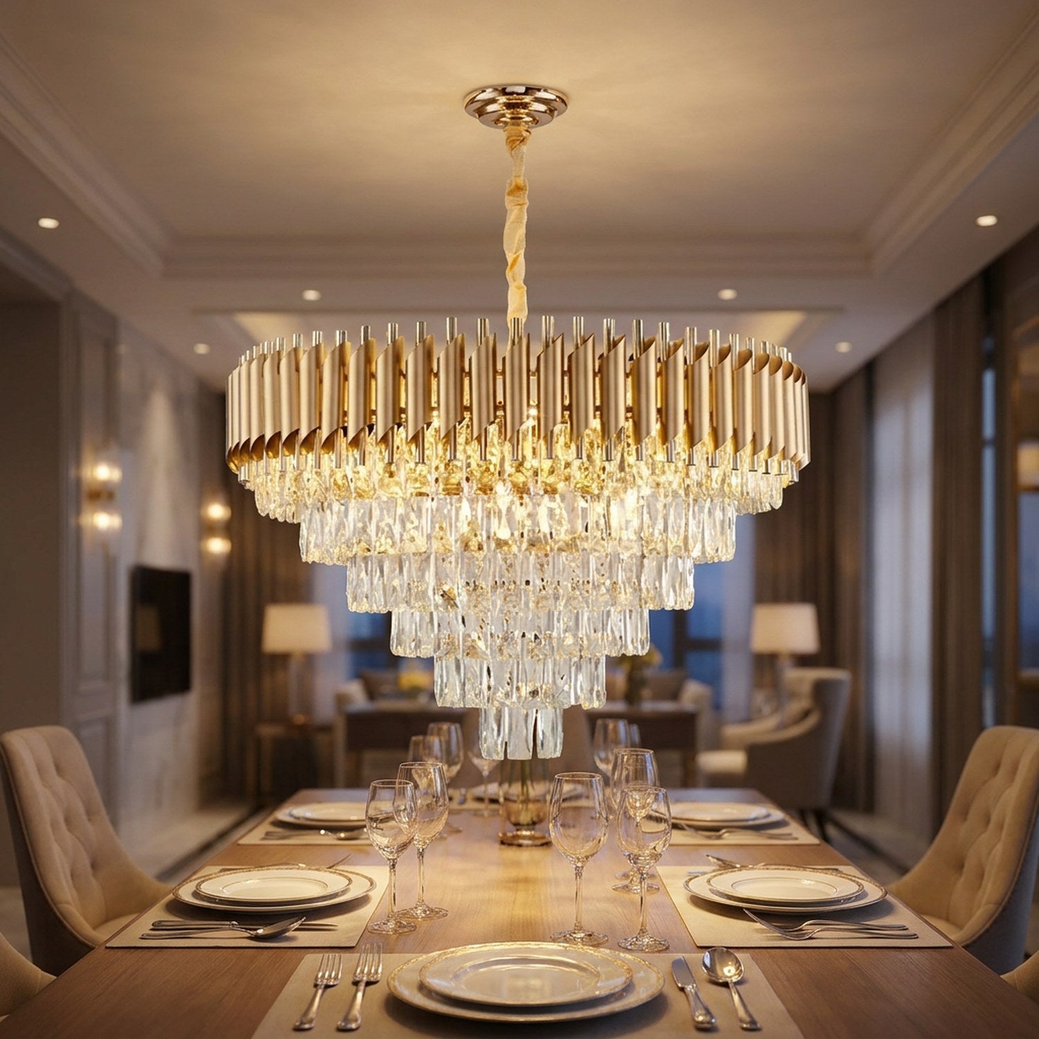 Lustre en cristal doré éclairant une table de salle à manger dressée