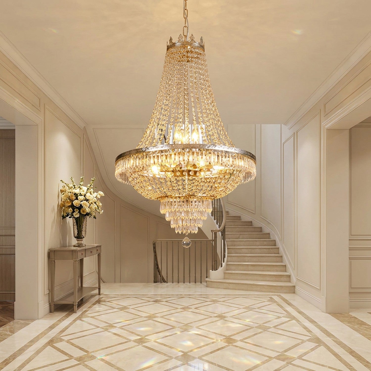 Lustre cristal LED dans un hall d'entrée de villa avec escalier