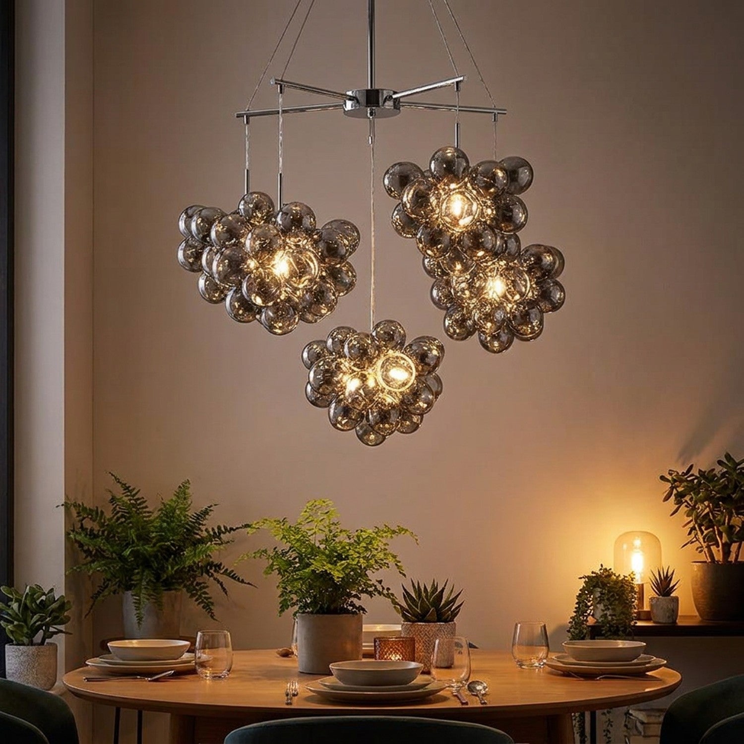 Lustre grappe 5 sphères 45 cm boules verre