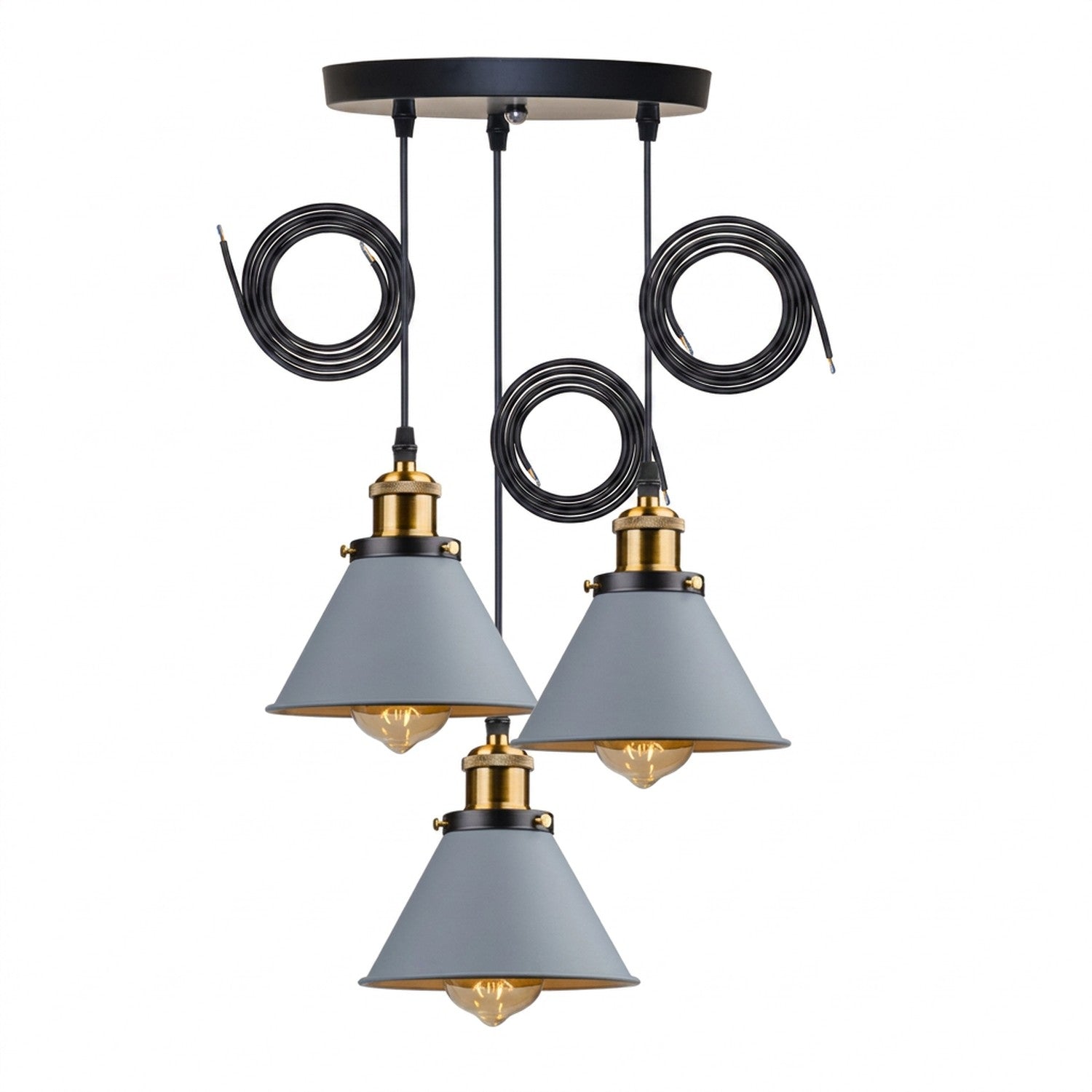 Lustre industriel 3 suspensions abat-jour conique métal coloris gris mat