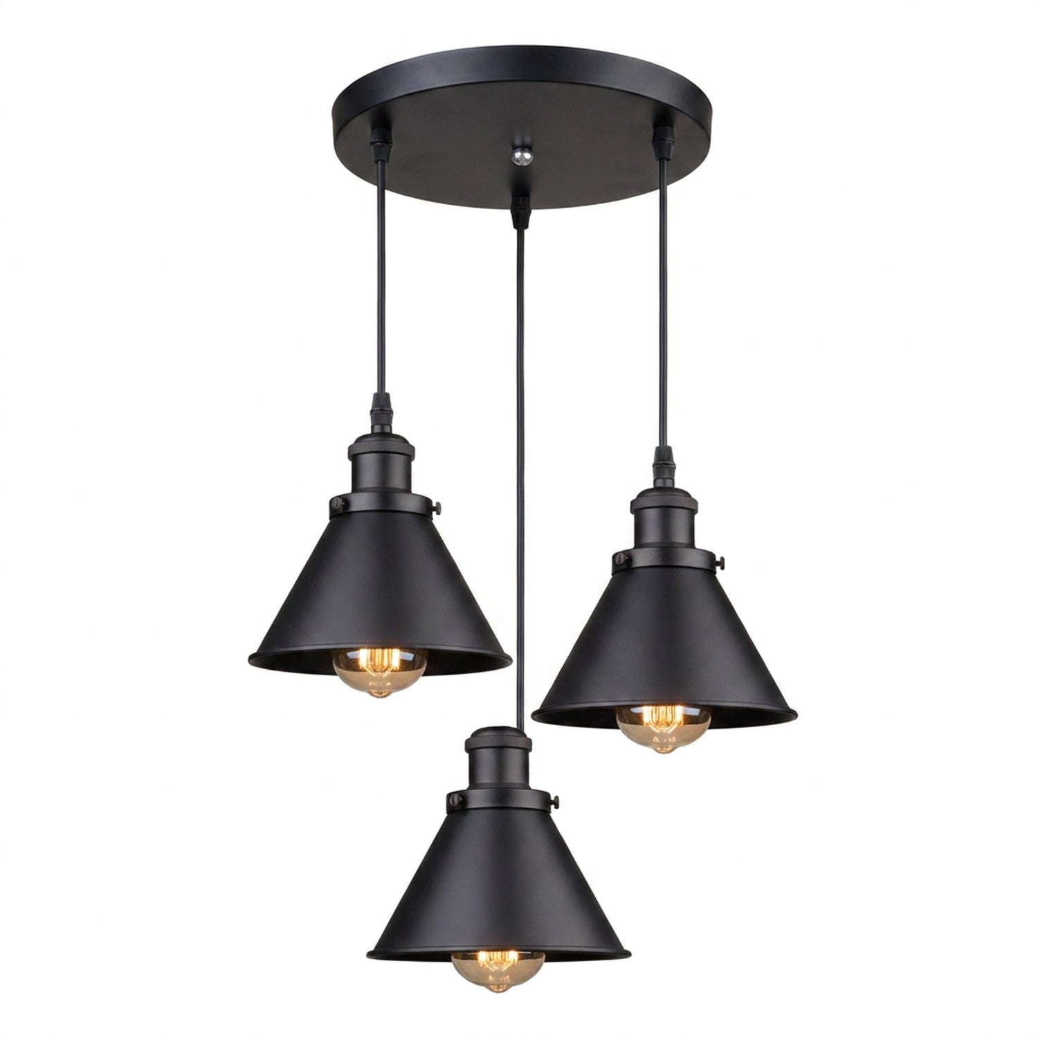 Lustre industriel 3 suspensions abat-jour conique métal coloris noir mat