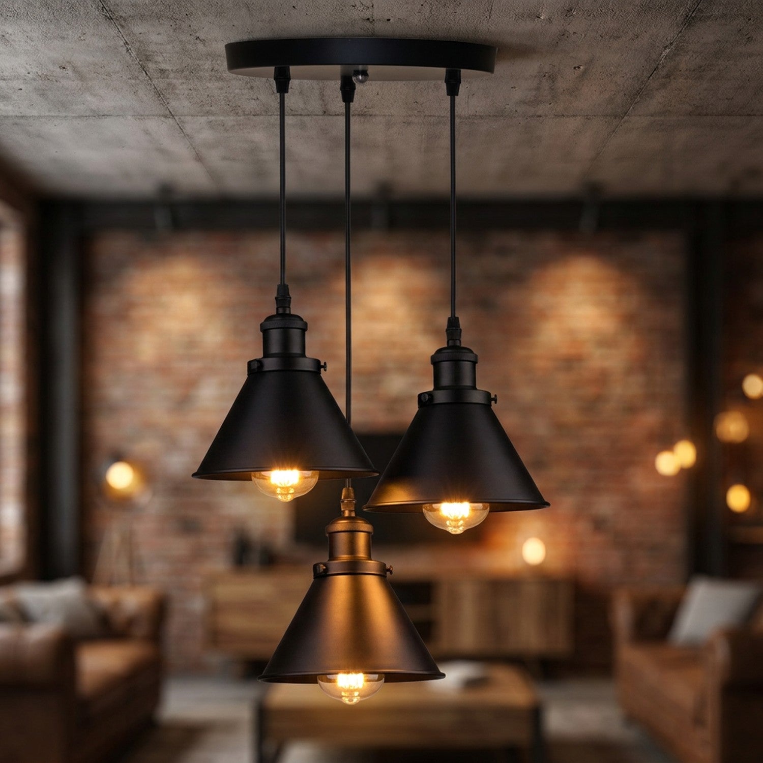Lustre industriel 3 suspensions rosace ronde métal noir style loft éclairage chaleureux