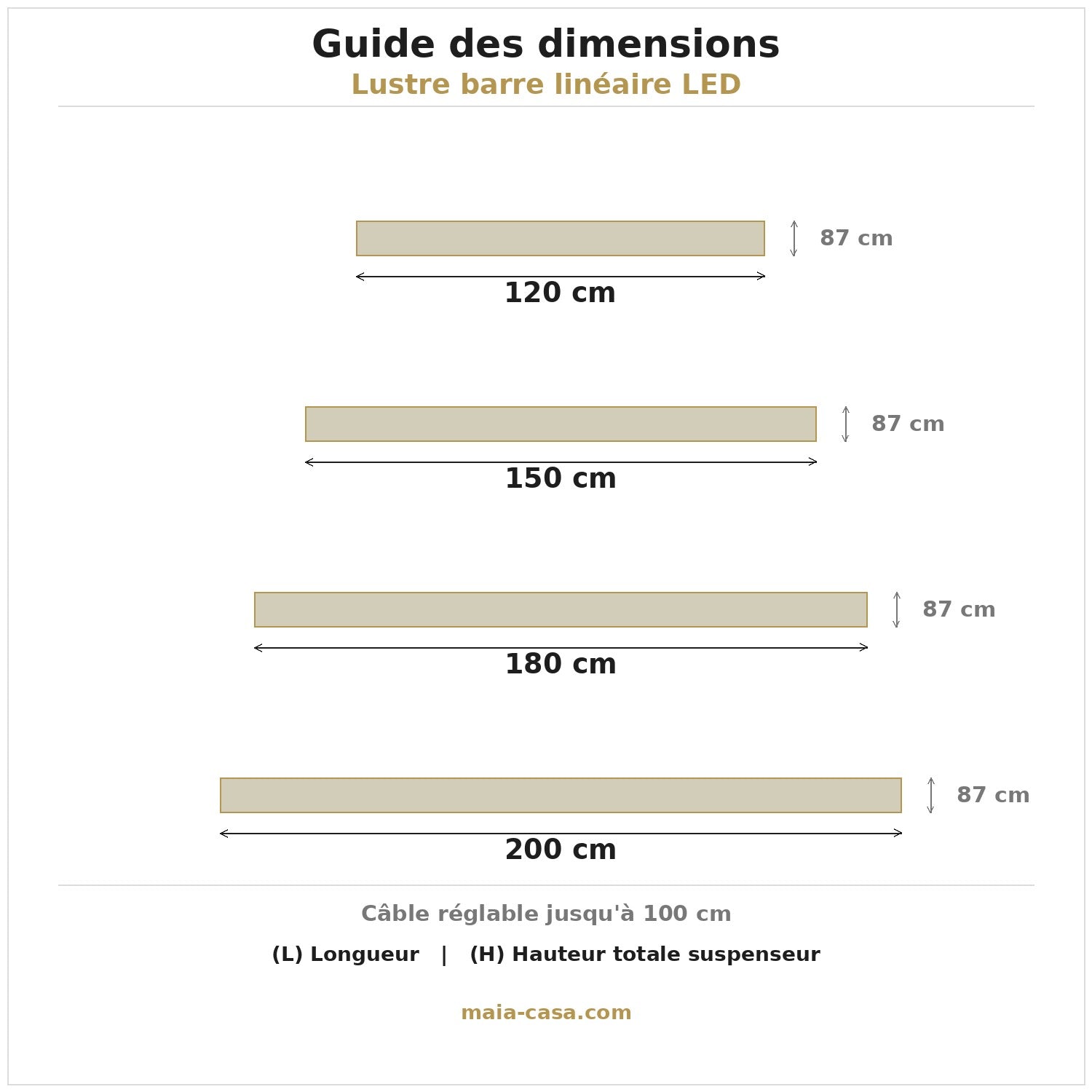 Guide des tailles lustre barre linéaire LED — dimensions en cm