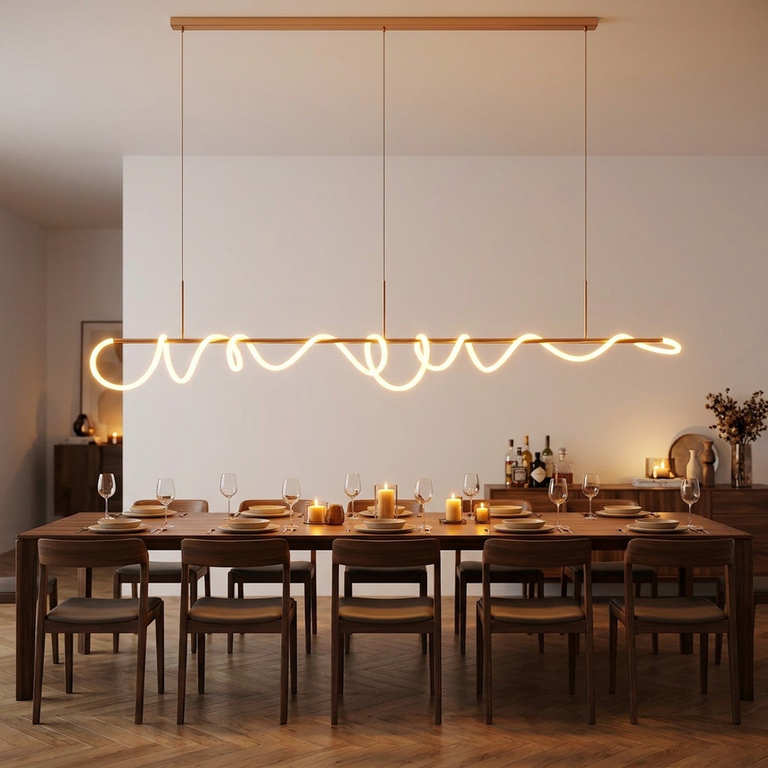 Lustre LED barre linéaire 200cm au-dessus d'une longue table à manger en noyer