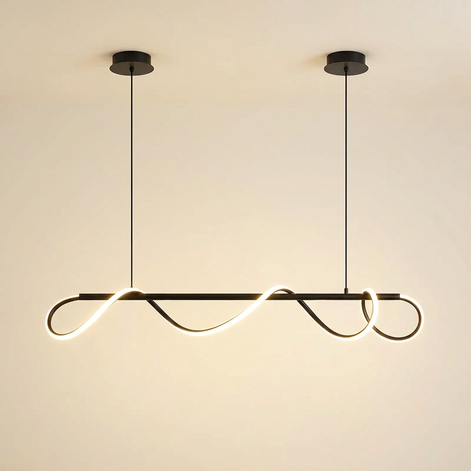 Lustre LED barre linéaire finition noire fond beige neutre