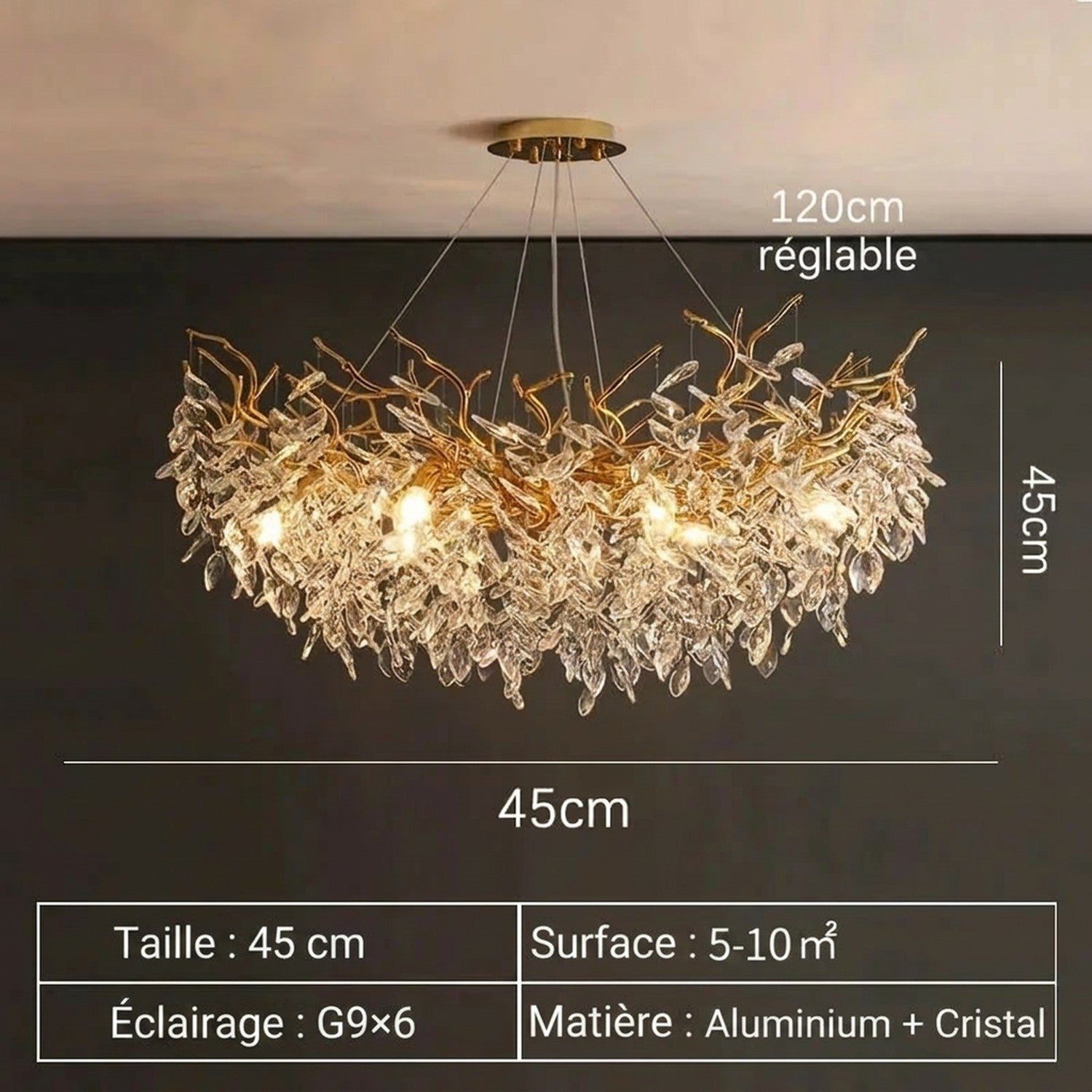 Schéma dimensions lustre cristal rond 45 cm diamètre hauteur câble réglable