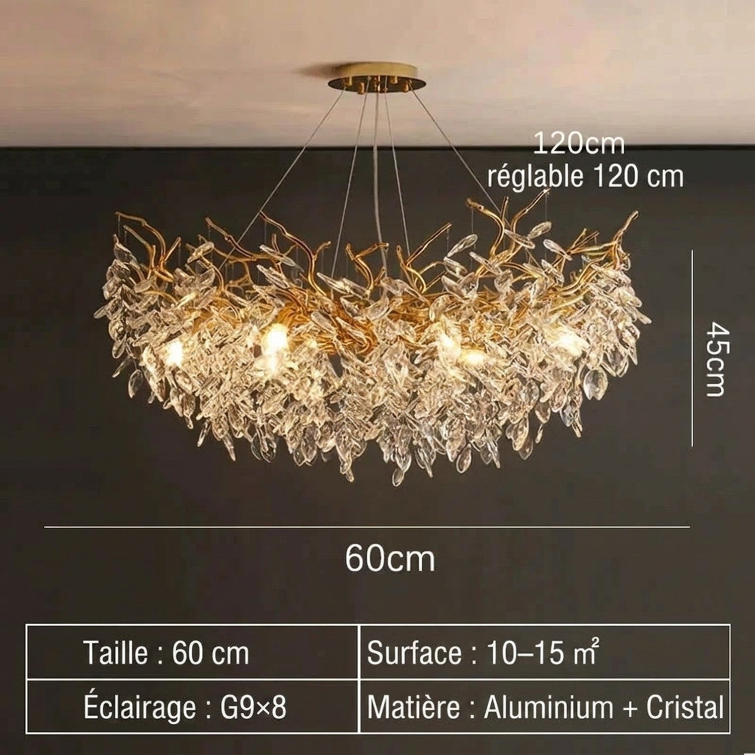 Schéma dimensions lustre cristal rond 60 cm diamètre hauteur câble réglable