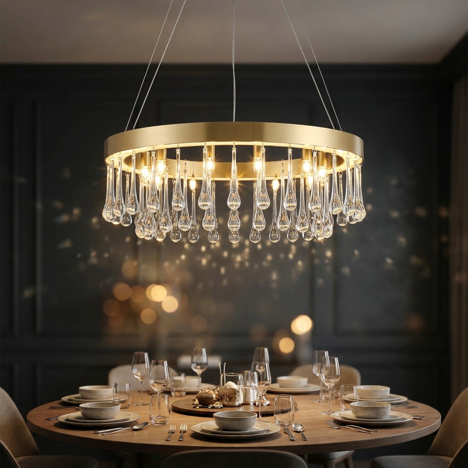 Lustre cristal rond suspendu dans une salle à manger élégante lumière chaude tamisée en soirée