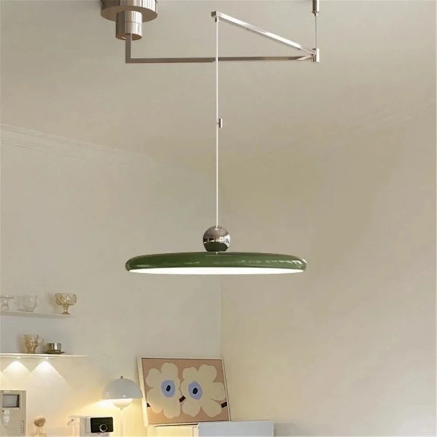 Lustre LED pivotant bras déporté abat-jour plat photo détail 3