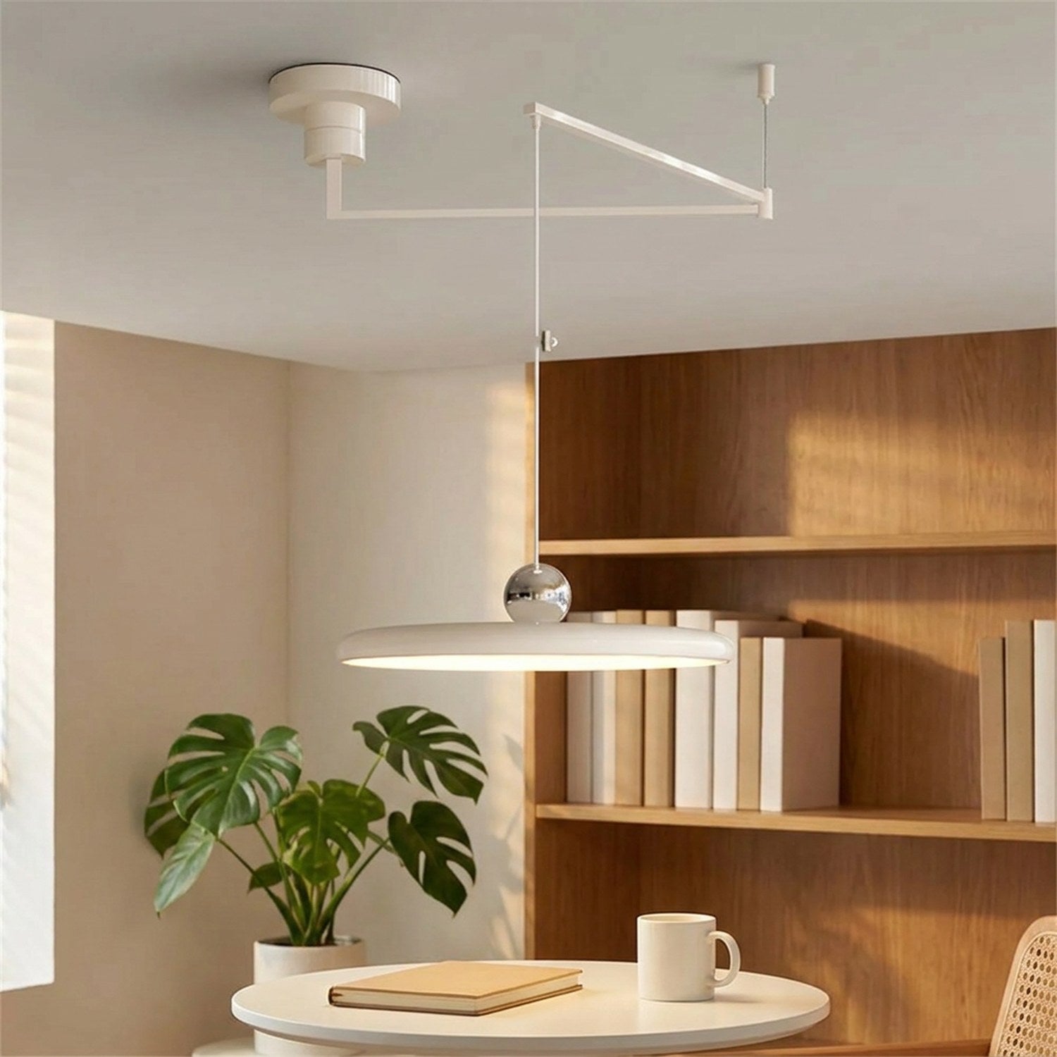 Lustre LED pivotant blanc bras déporté dans un bureau à domicile nordique